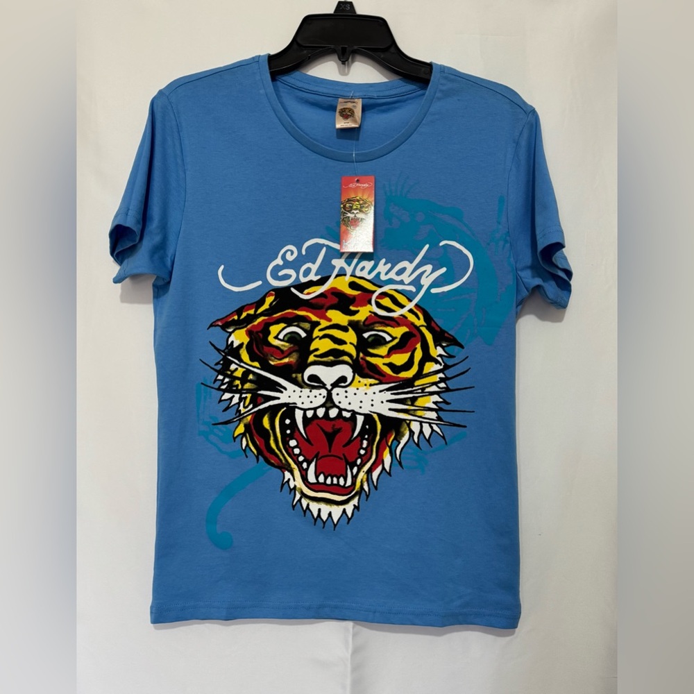 Ed Hardy Kids T-Shirt with Tiger Graphic in Blue Size 14/16